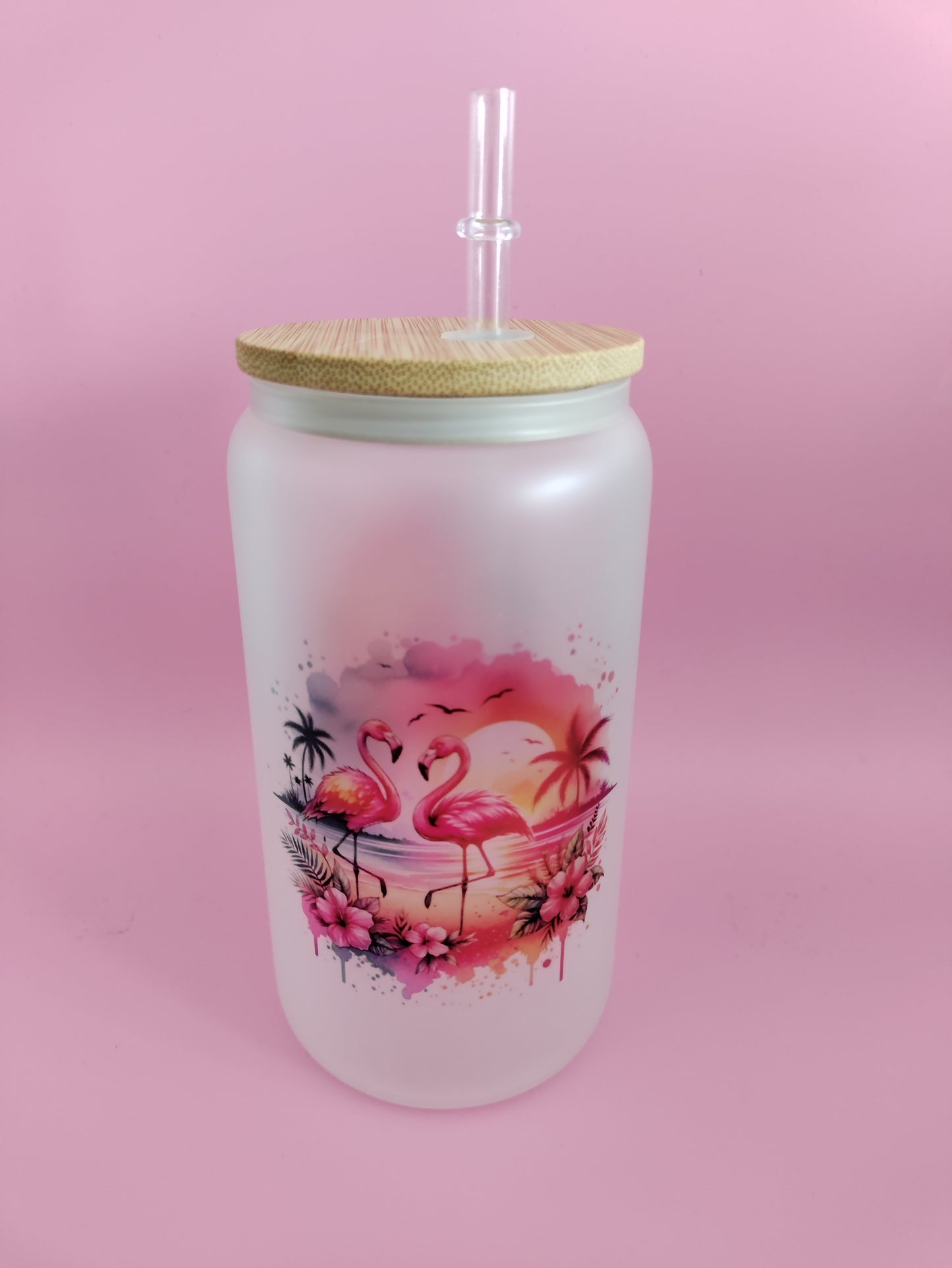 Flamingo Pair Frosted Glass Can